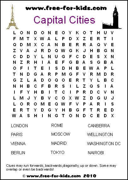 Capital Cities Word Search Puzzle
