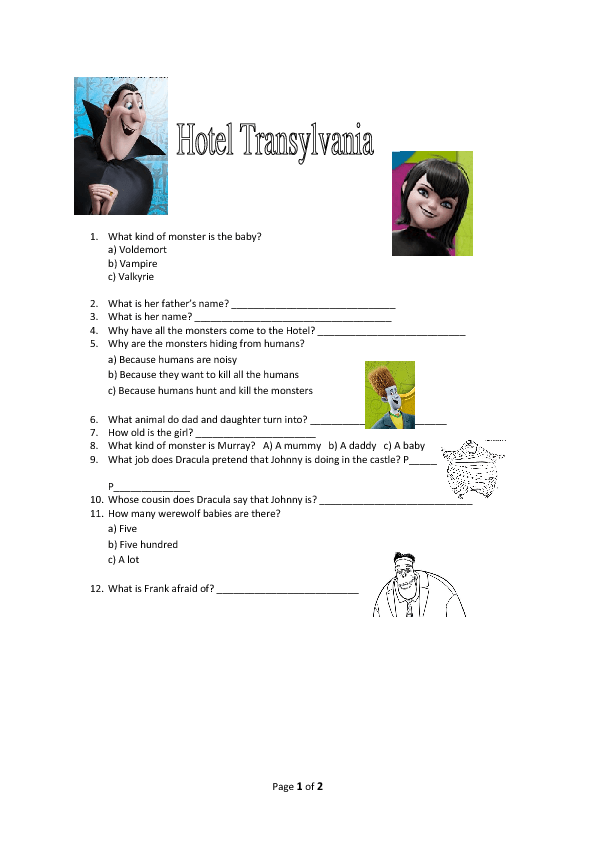 Cartoon Worksheet Hotel Transylvania