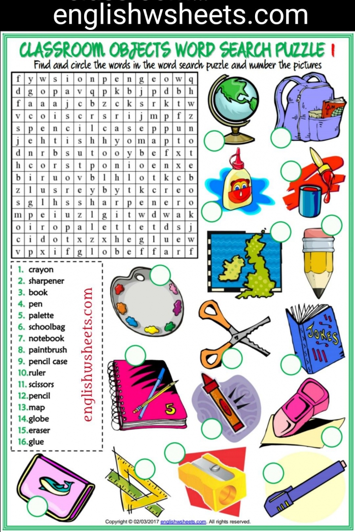 Classroom Objects Esl Printable Word Search Puzzle Worksheets For
