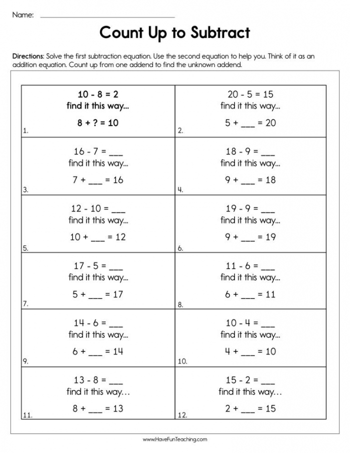 Count Up To Subtract Worksheet  Have Fun Teaching