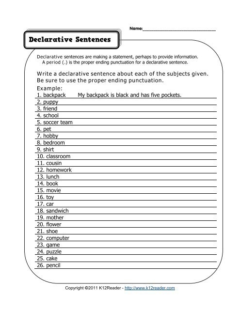 Declarative Sentences Worksheet