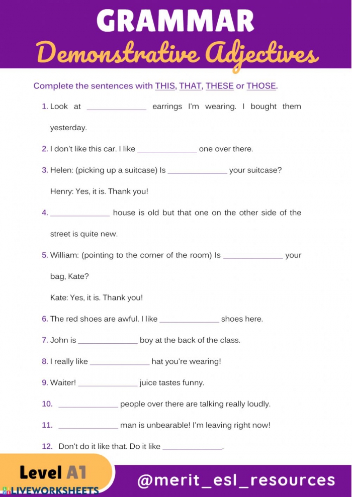 Demonstrative Adjectives And Pronouns Spanish Worksheet Answers