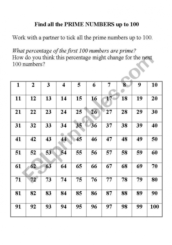 English Worksheets Finding Prime Numbers