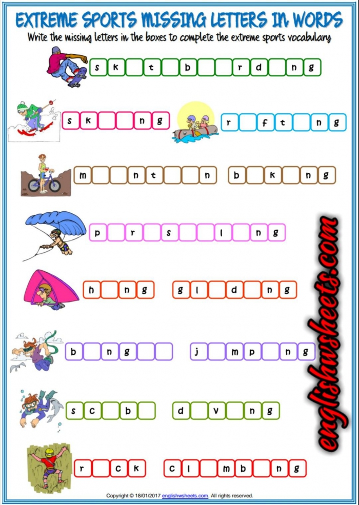 Extreme Sports Esl Printable Missing Letters In Words Worksheet