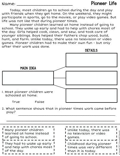 Free Main Idea And Supporting Details Worksheet About Pioneer Life