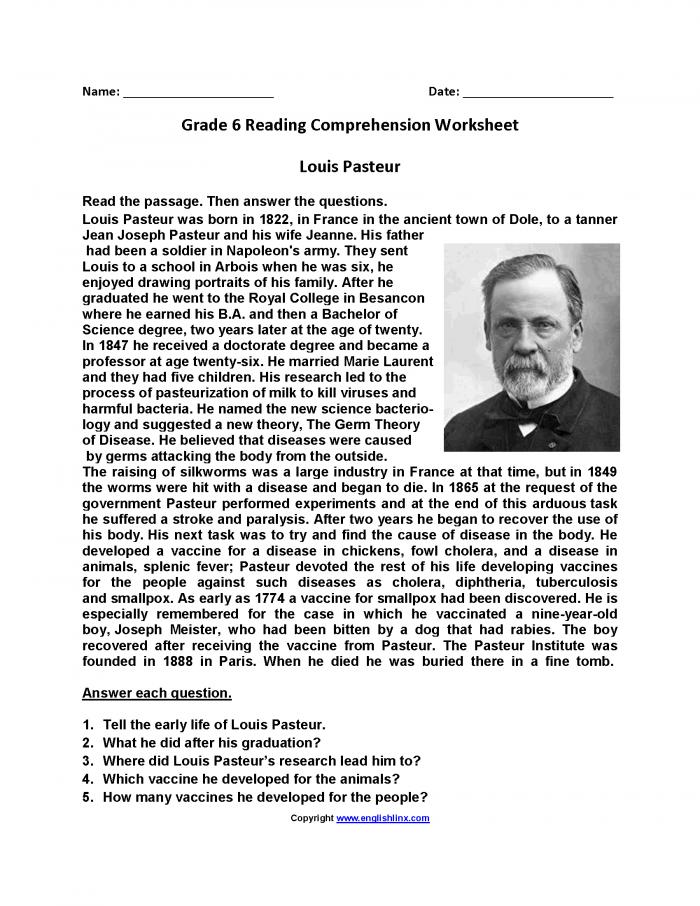 Louis Pasteurbrsixth Grade Reading Worksheets