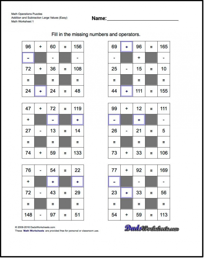 Math Puzzle Worksheets That Require Students To Fill In Missing