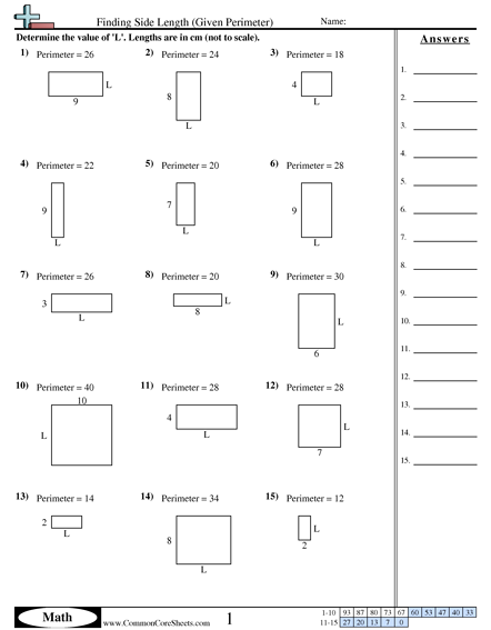 Missing Side Perimeter E Worksheet