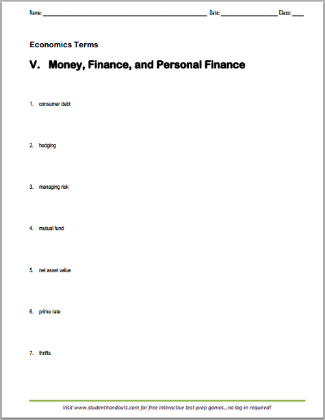 Money And Personal Finance Vocabulary Terms Worksheet