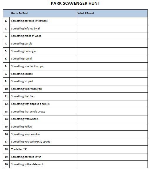 Park Scavenger Hunt Free Printable Game