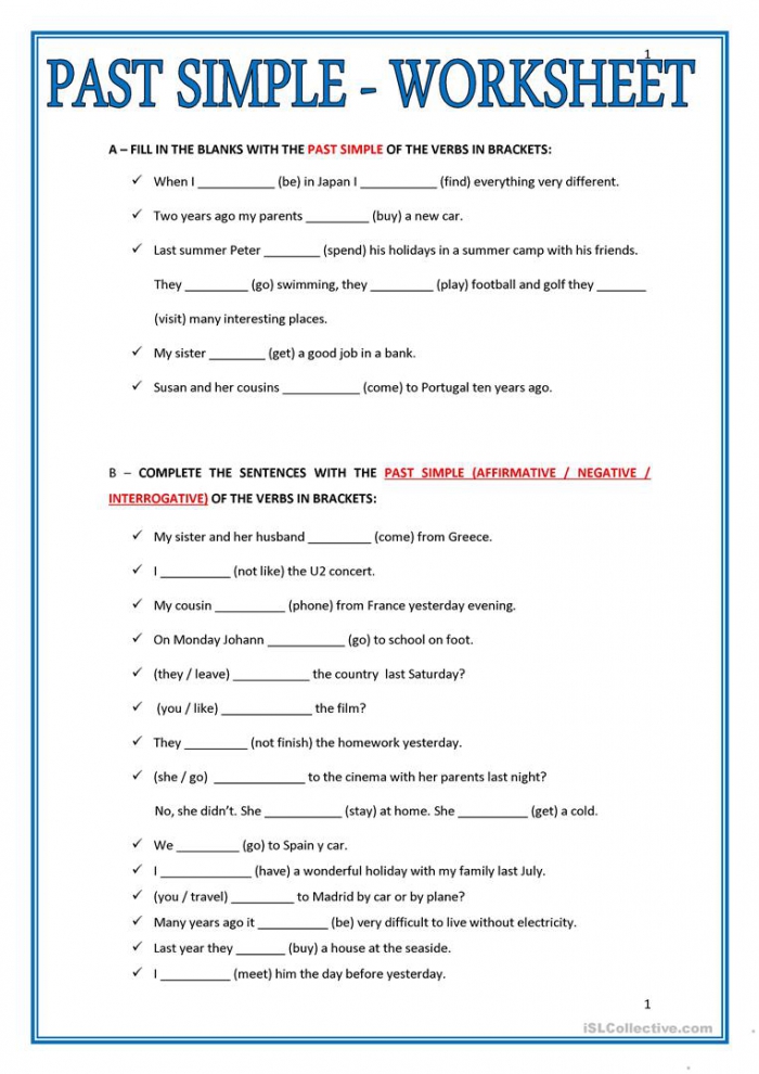 Exercises Past Tense Worksheets