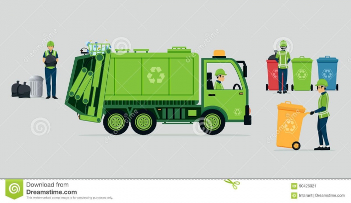 Photo About Garbage Truck Driver With Recycle Bins Illustration