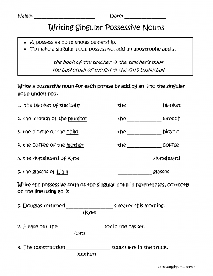 Possessive Noun Worksheet For Class 6