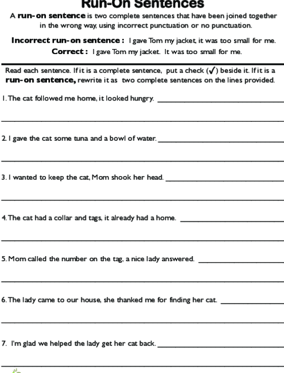 Correcting Run On Sentences Worksheet 3rd Grade