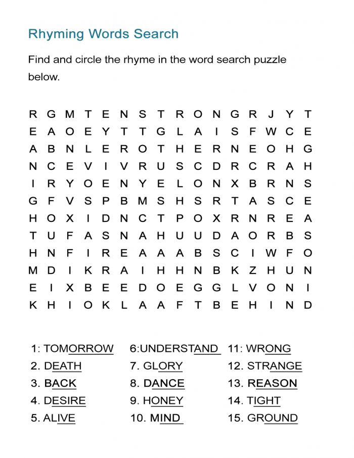 Rhyming Word Search Puzzle Find The Rhyme Words