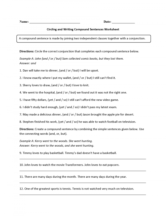 Creating Compound Sentences Worksheet Answers