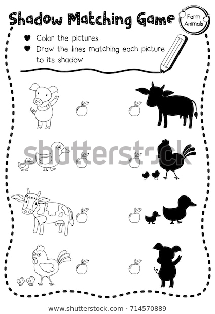 Shadow Matching Game Farm Animals Preschool Stock Vector Royalty