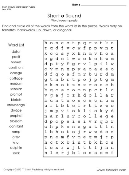 Short O Sound Word Search Puzzle