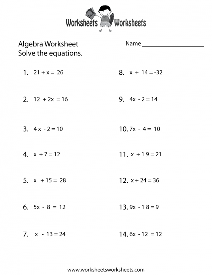 Simple Algebra Worksheet Printable