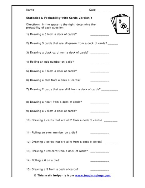 Statistics Probability With Cards Worksheet For Th Th Grade And