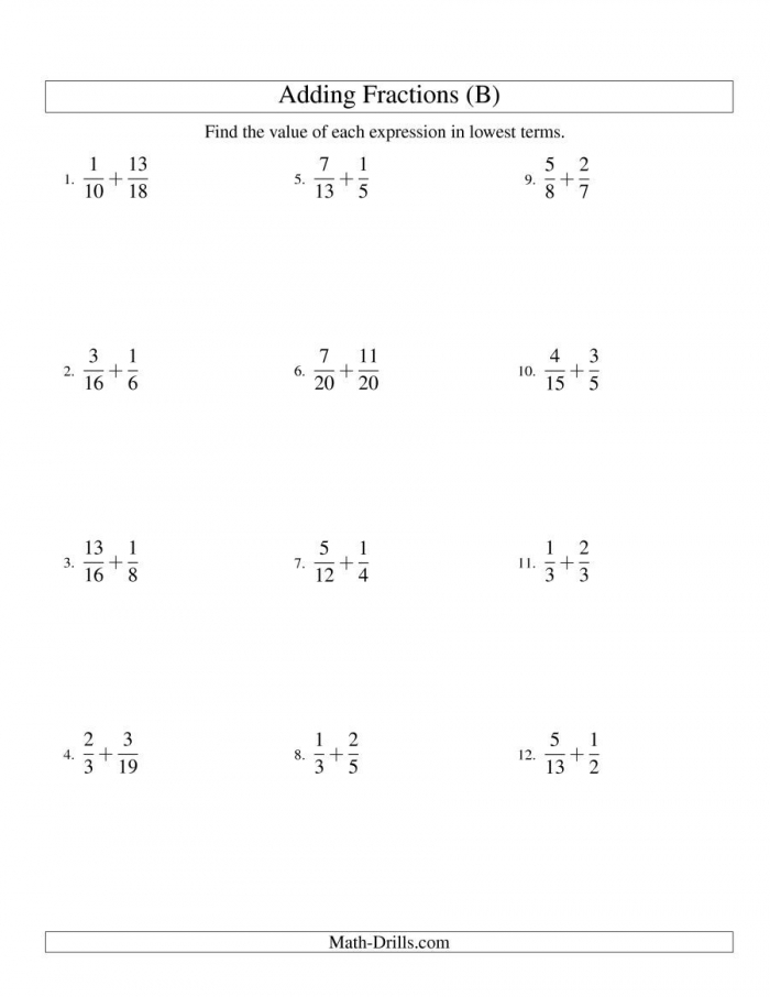 The Adding Fractions With Unlike Denominators B Math Worksheet