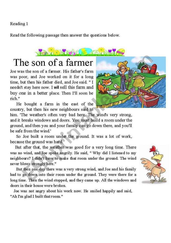 The Son Of The Farmer Reading Activity Or Test