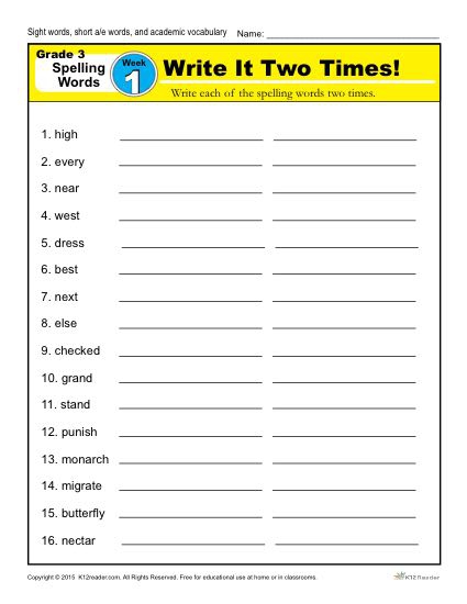 Third Grade Spelling Words List
