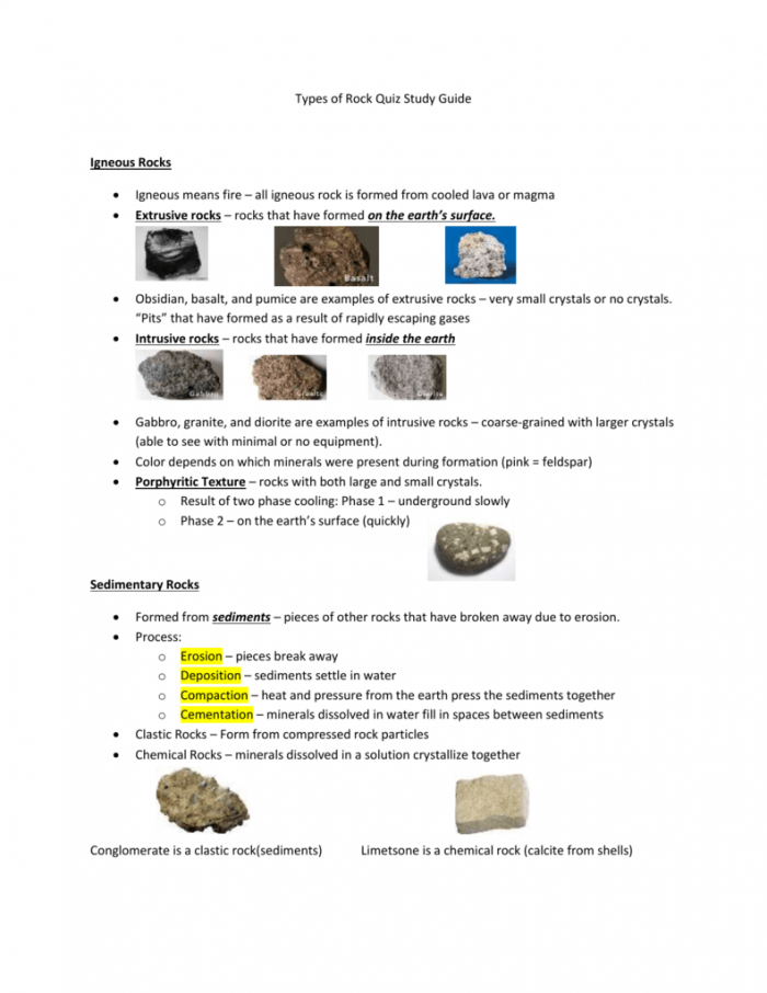 Types Of Rock Quiz Study Guide Igneous Rocks Igneous Means Fire
