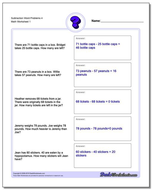 Worksheets For Subtraction Word Problems
