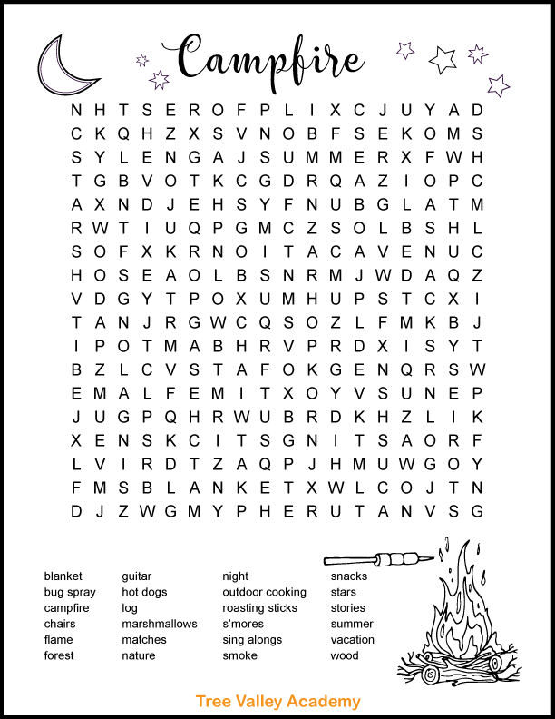 Campfire Camping Word Search For Kids
