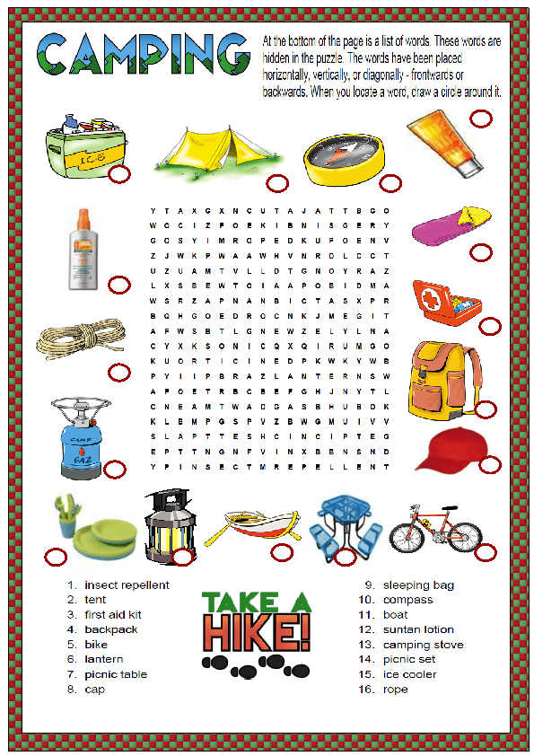Camping Wordsearch Puzzle