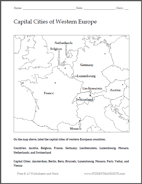 Capital Cities Of Western Europe Map Worksheet