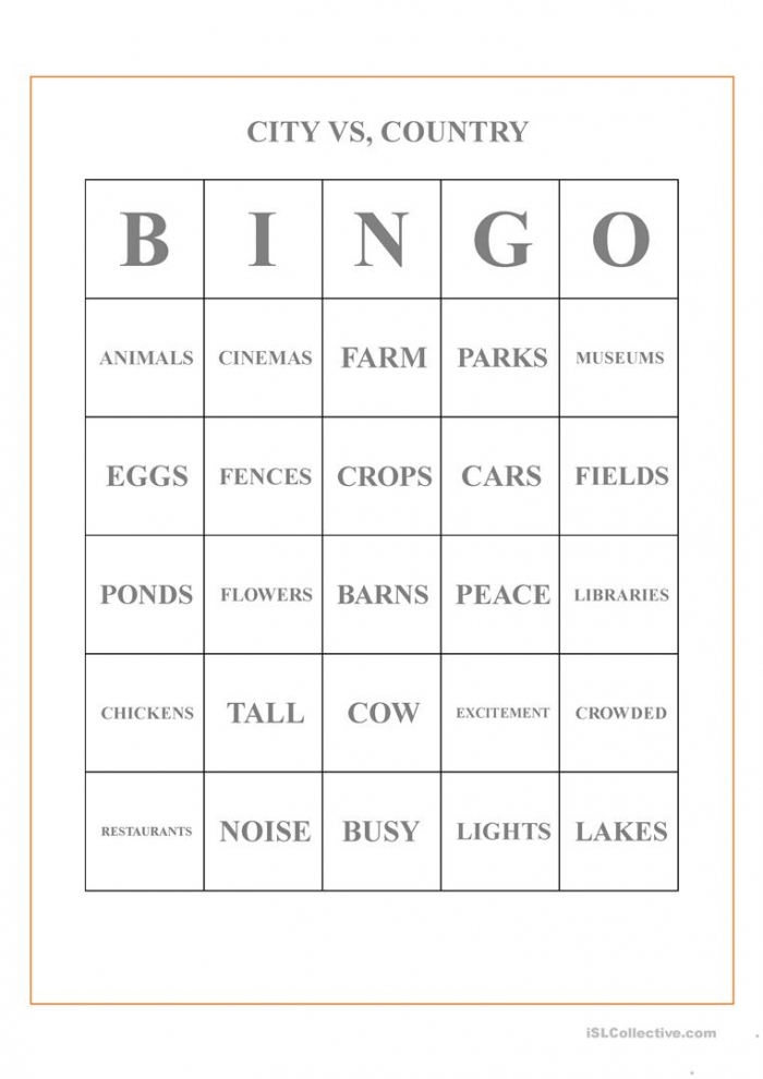 City Vs Country Bingo Cards