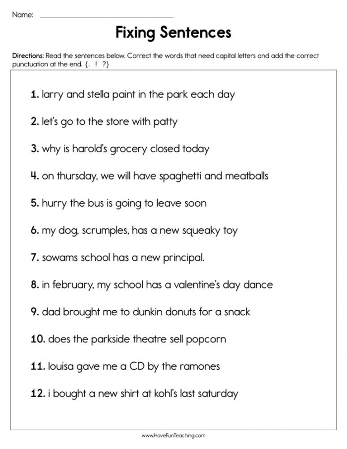 5th Grade Editing Sentences Worksheets