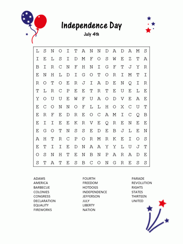 Free Printable Fourth Of July Word Search