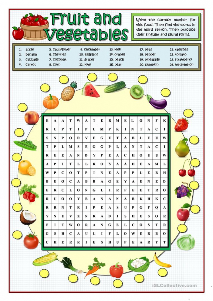 Fruit And Vegetables Wordsearch