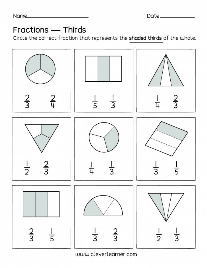 Fun Activity On Fractions Thirds Worksheets For Children Fraction