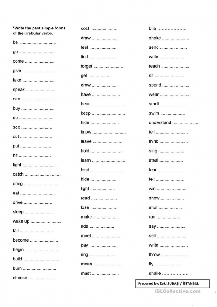 Irregular Verbs Worksheet High School