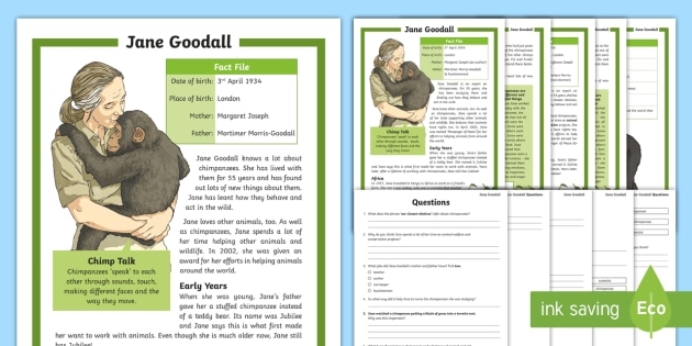 Lks Jane Goodall Differentiated Reading Comprehension Activity