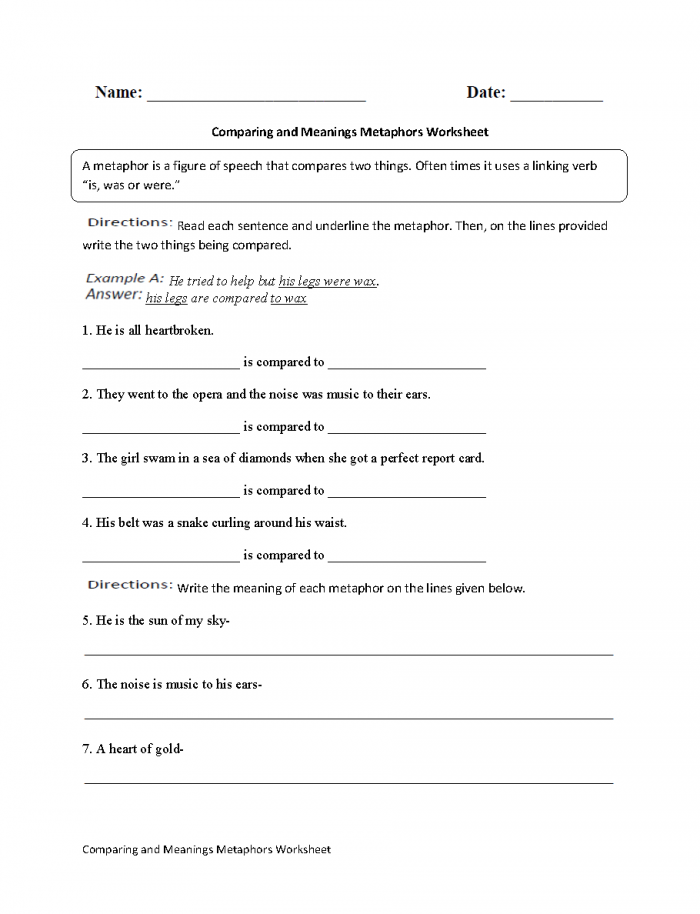 Metaphors Worksheets