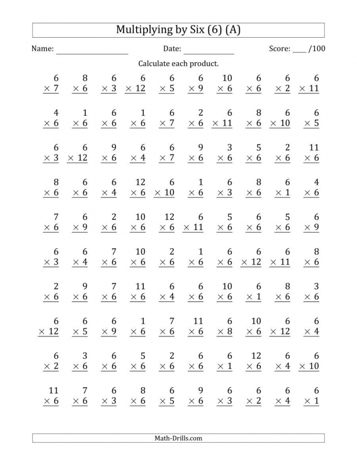Multiplying By Six  With Factors  To   Questions A