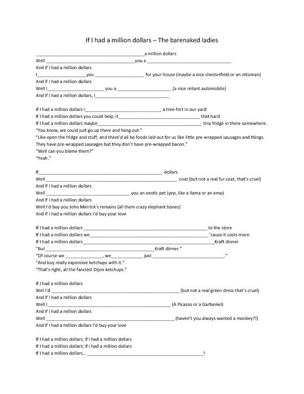 Nd Conditional Song Worksheet If I Had A Million Dollars By