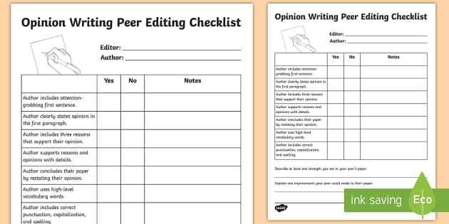 Peer Editing Checklist Opinion Writing Teacher Made