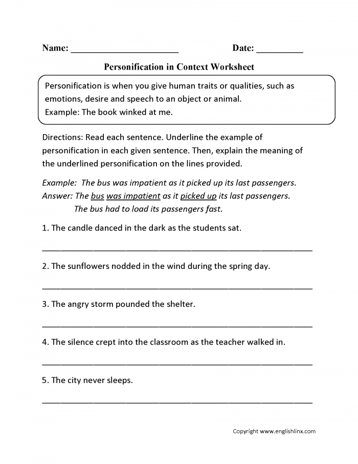 Personification Figurative Language Worksheets