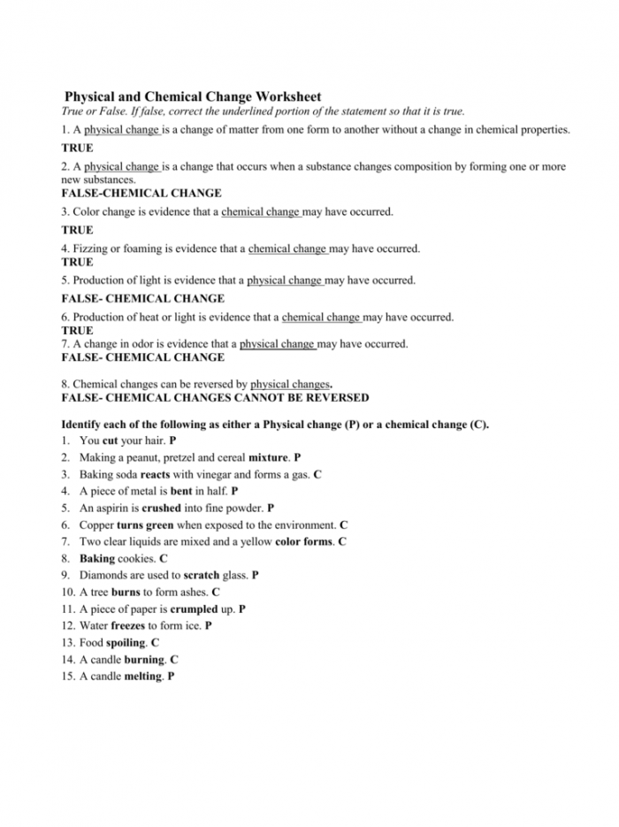 Chemical And Physical Change Worksheet