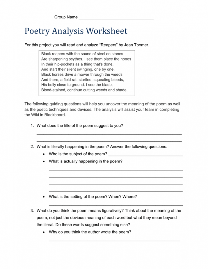 Analyzing A Poem Worksheets 99Worksheets