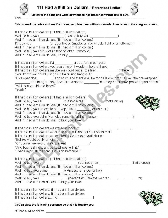 Second Conditional Song Worksheet If I Had A Million Dollars