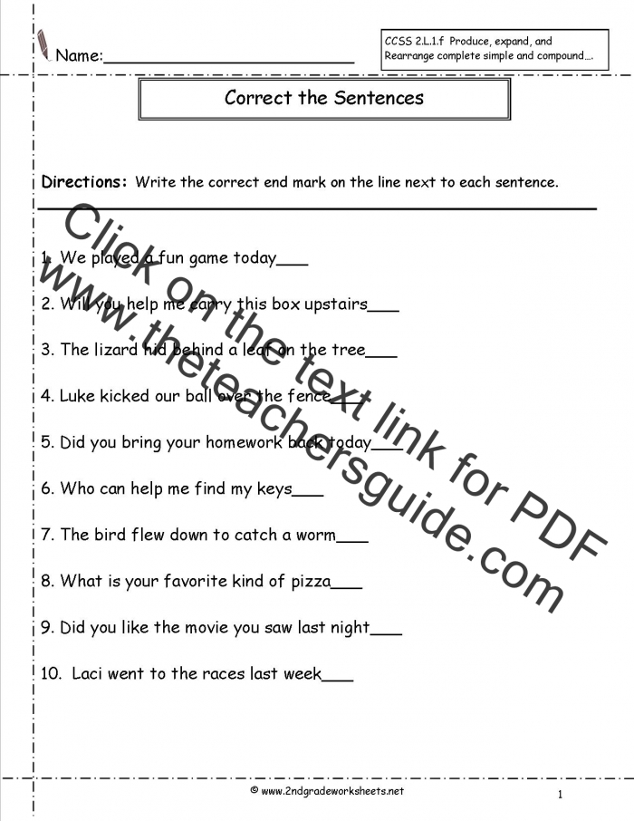 Second Grade Sentences Worksheets  Ccss Lf Worksheets