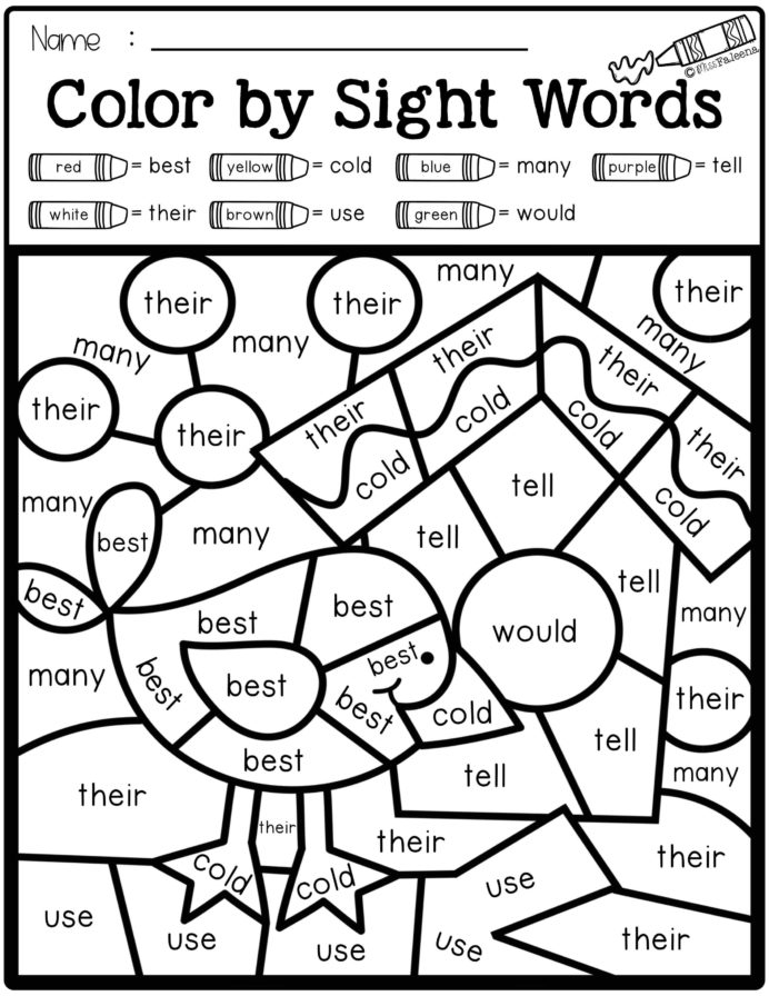 Winter Color By Code Sight Words Second Grade First Adjectives