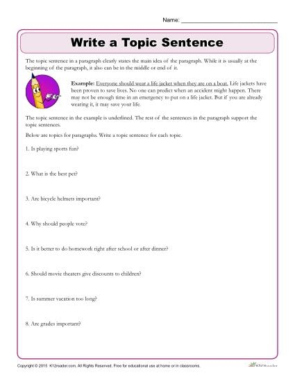 Free Printable Topic Sentence Worksheets